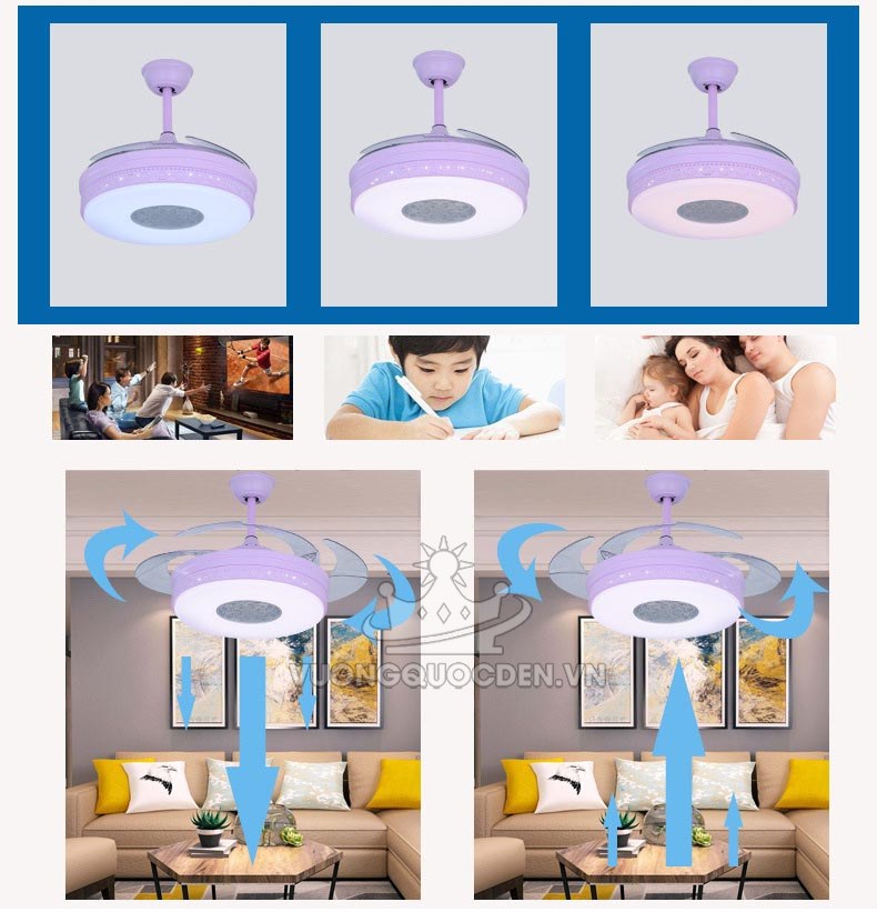 Đèn quạt trần cao cấp màu tím lãng mạn JC8338-4